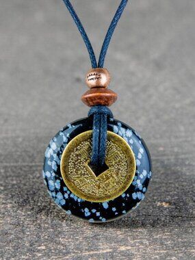 Snowflake Obsidian & Chinese Lucky Coin Necklace | Handmade